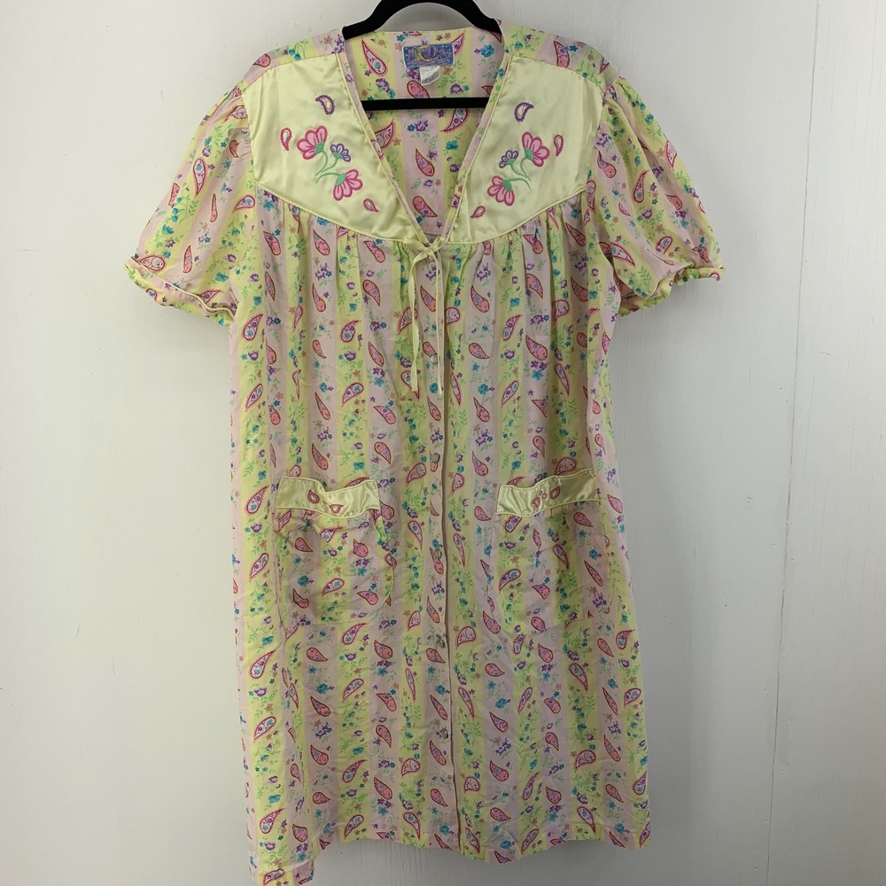 Moon Dance Womens 1X Paisley Floral Button Front House Dress Granny Mumu Kaftan